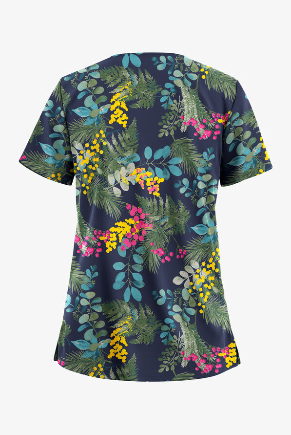 Butter-Soft STRETCH Forest Fern Navy Women's 2-Pocket V-Neck Print Scrub Top - null - 2
