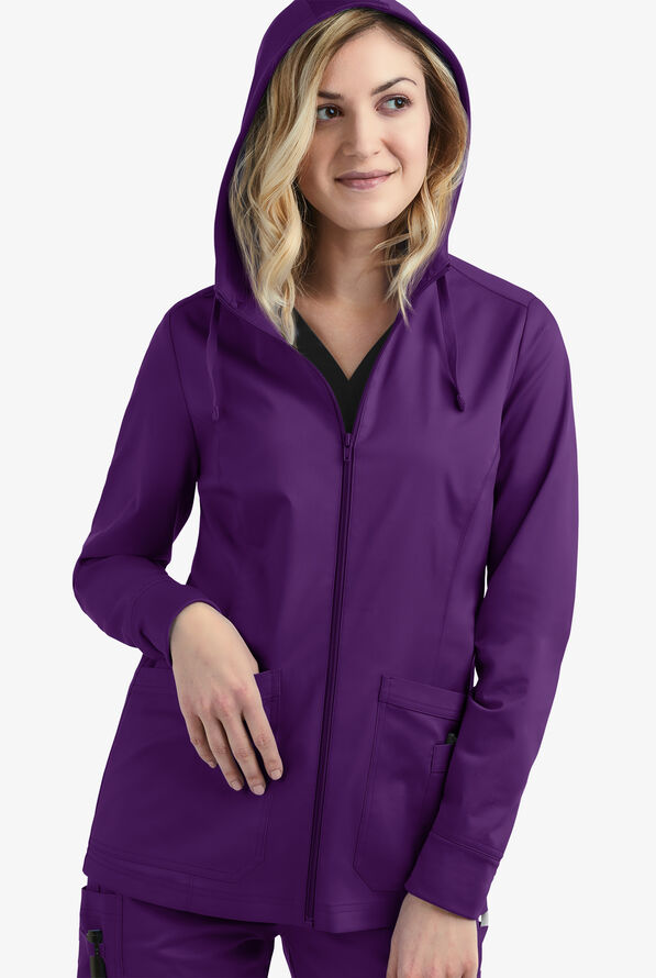 Butter-Soft STRETCH Women's 3-Pocket Zip-Front with Cozy Knit Hood and Trim Scrub Jacket - Eggplant - 3