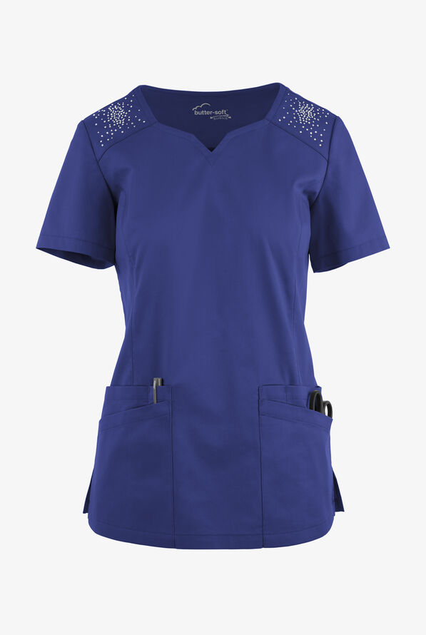 Butter-Soft STRETCH Women's 6-Pocket Crystal Bling Scrub Top - Galaxy - 1