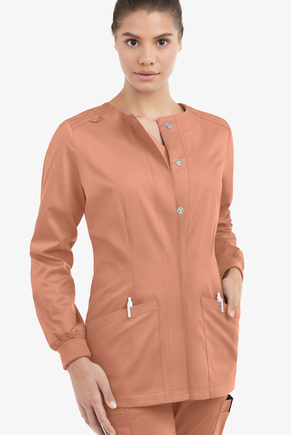Butter-Soft STRETCH Women's 2-Pocket Long Sleeve Snap Front Scrub Jacket - Terracotta - 2