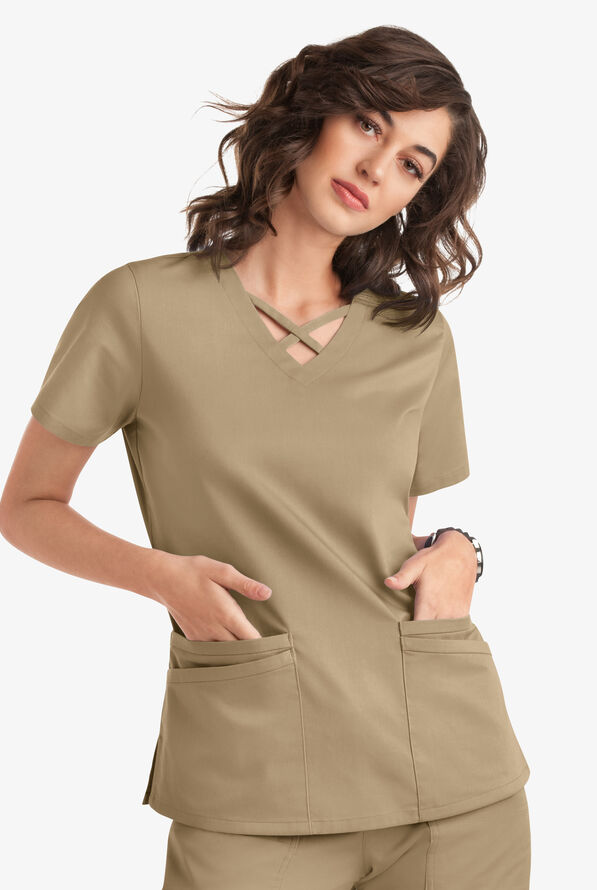 Butter-Soft STRETCH Women's 4-Pocket Crisscross Scrub Top - Golden Sand - 5