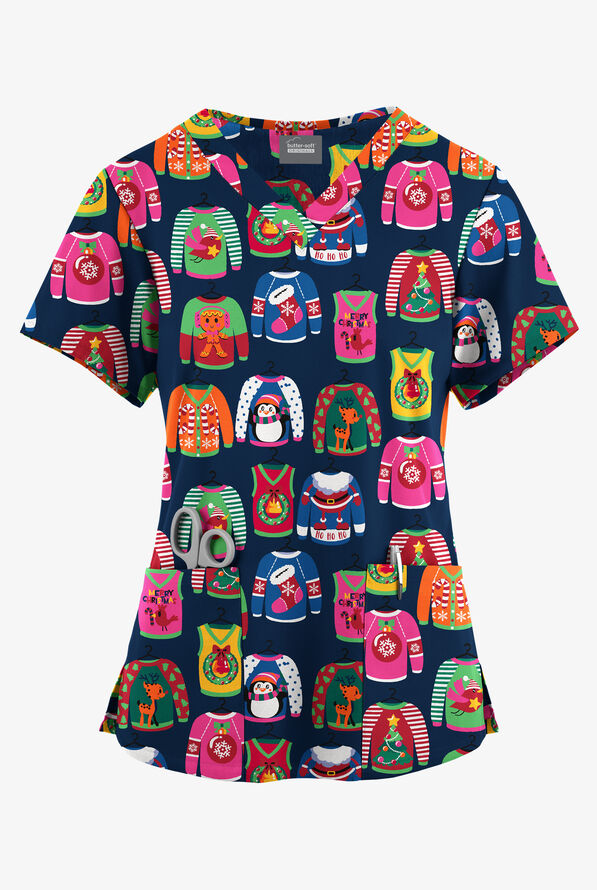 Butter-Soft Originals Christmas Sweaters Navy Women's 4-Pocket Rounded V-Neck Print Scrub Top - null - 1