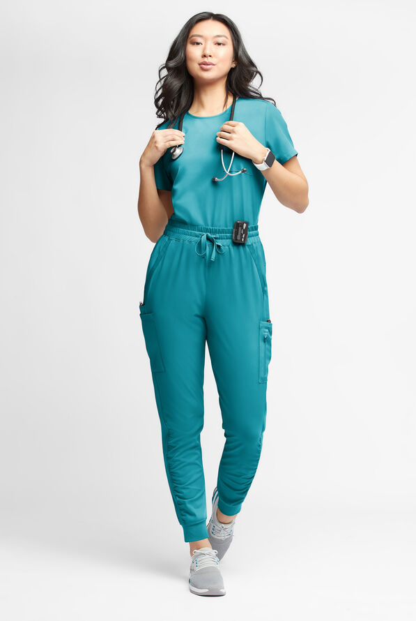 WhisperLite Calla Women's 6-Pocket Ruched Leg Cargo Scrub Pants - Teal - 2
