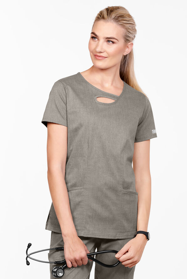 Butter-Soft STRETCH Women's 2-Pocket Asymmetric Keyhole Scrub Top - Heather Grey - 2