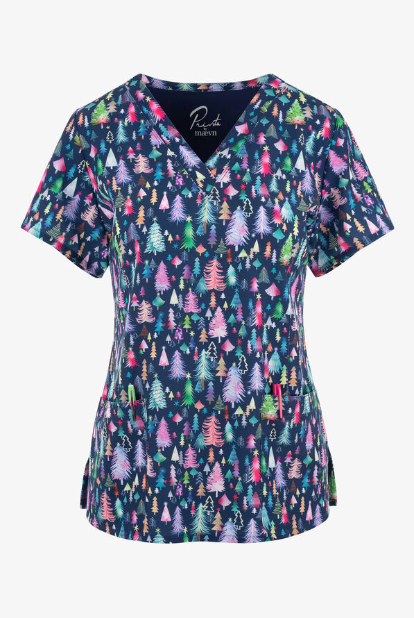 Maevn Tree Fest Women's 3-Pocket STRETCH V-Neck Print Scrub Top - null - 1