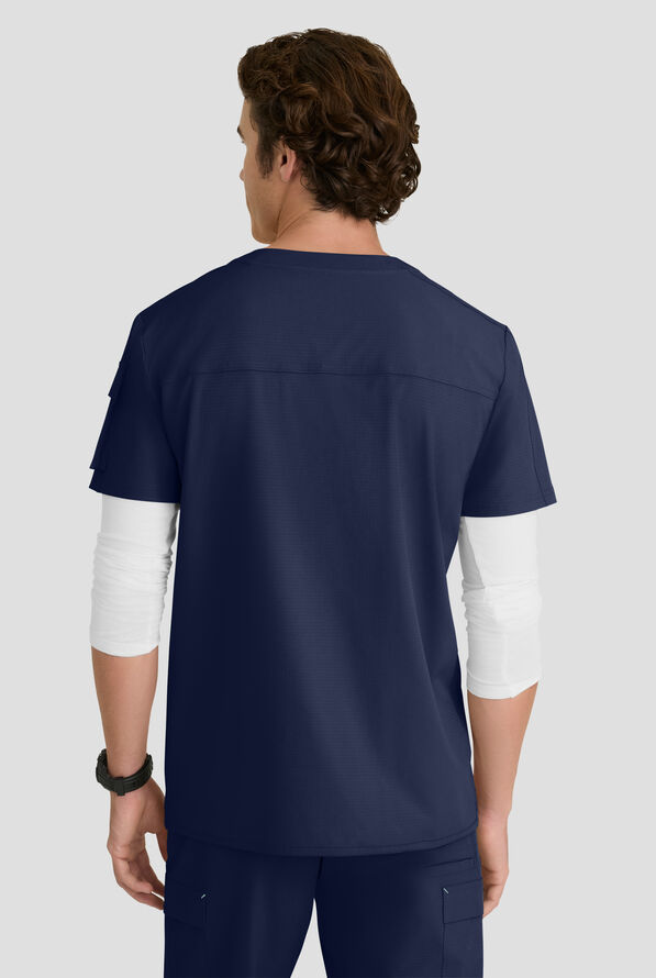 Skechers by Barco Ripstop Station Men's 3-Pocket STRETCH Notched Hem Round Neck Scrub Top - Navy - 4