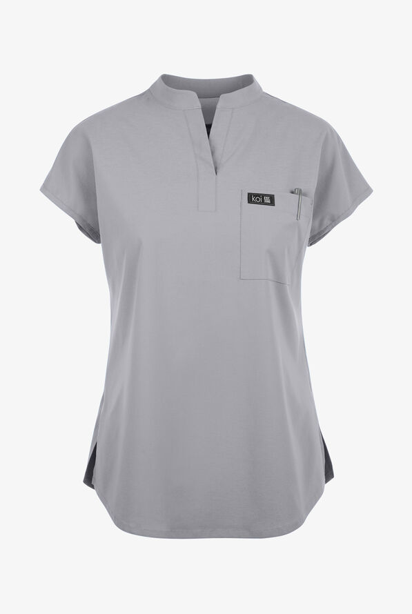 koi Basics Ari Women's 1-Pocket STRETCH Dolman Sleeve Mandarin Collar Scrub Top - Platinum Grey - 1