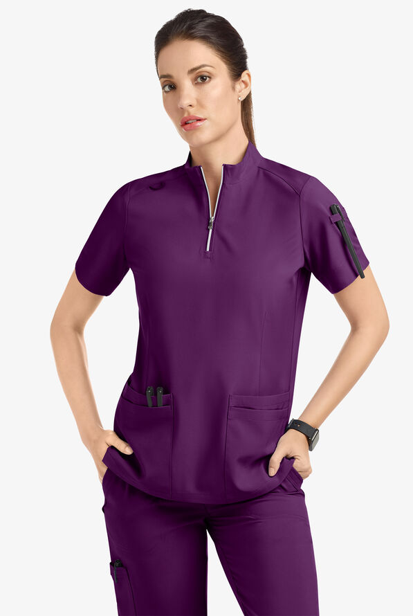 Easy STRETCH Jen Women's 4-Pocket Zip-Neck Short Sleeve Scrub Top - Eggplant - 8