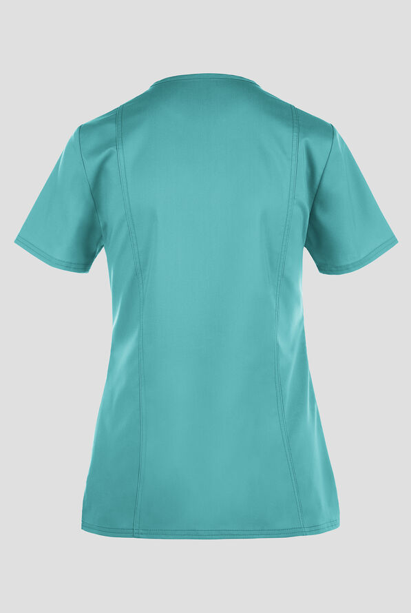 Cherokee Workwear Revolution Women's 2-Pocket STRETCH Mock Wrap Scrub Top - Soft Marine - 3
