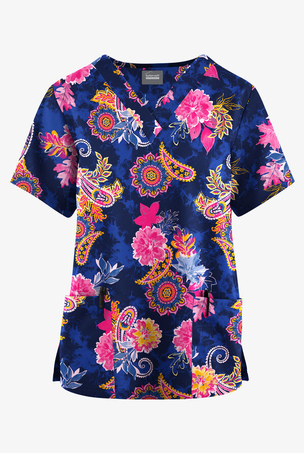 Butter-Soft Originals Turin Paisley Navy Women's 2-Pocket Classic Fit V-Neck Print Scrub Top - null - 1