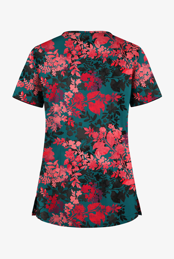 Butter-Soft STRETCH Medici Floral Caribbean Women's 1-Pocket Tuck-In V-Neck Print Scrub Top - null - 2