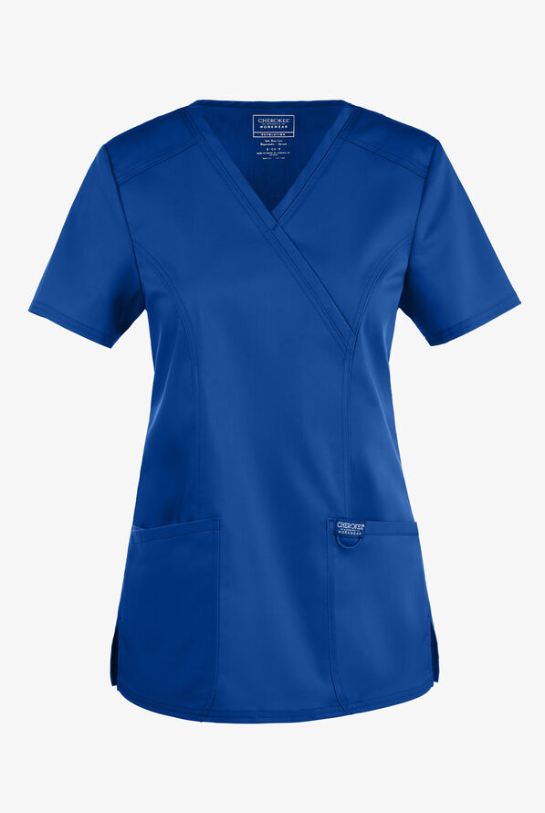 Cherokee Workwear Revolution Women's 2-Pocket STRETCH Mock Wrap Scrub Top - Royal - 1