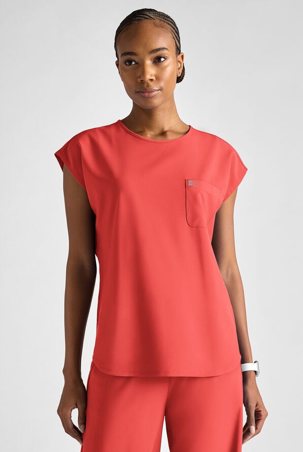 Blusa m&eacute;dica Easy STRETCH Gracie con cuello redondo y mangas dolm&aacute;n para mujer - Spiced Coral - 8