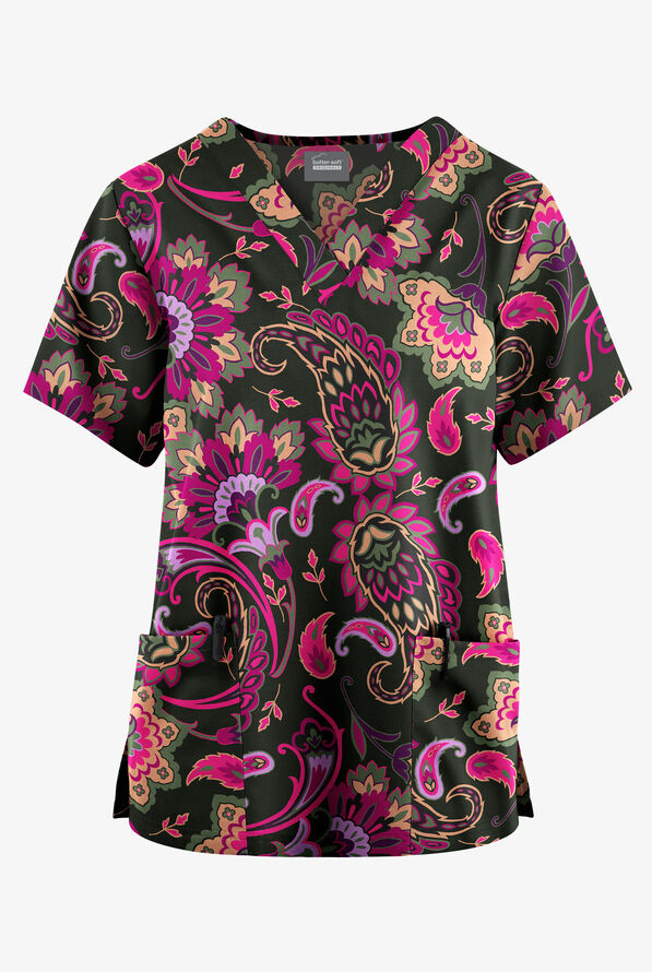 Butter-Soft Originals Barcelona Paisley Women's 2-Pocket V-Neck Print Scrub Top - null - 1