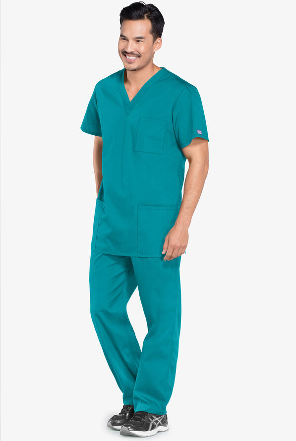 Cherokee Workwear Unisex 3-Pocket V-Neck Scrub Top - Teal Blue - 2