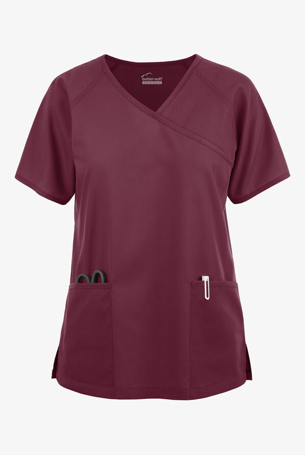 Butter-Soft Originals Women's 3-Pocket Mock Wrap Raglan Sleeve Scrub Top - Wine - 1