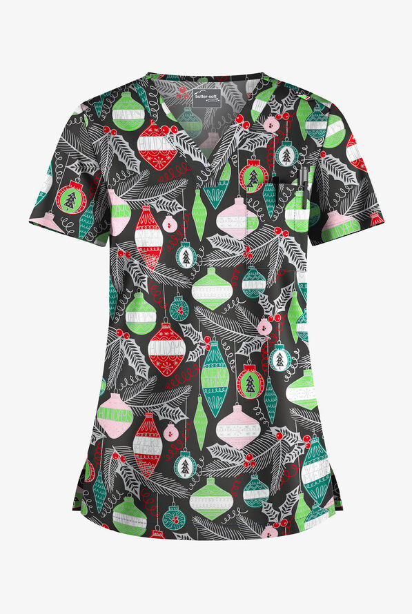 Blusa médica estampada Butter-Soft Christmas Baubles con cuello en V y 1 bolsillo para mujer - null - 1