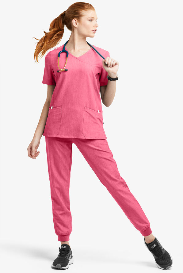 MOVEMENT by Butter-Soft Vega Women's 5-Pocket Flat Front Jogger STRETCH Scrub Pants - Petite - Bright Pink Heather - 2
