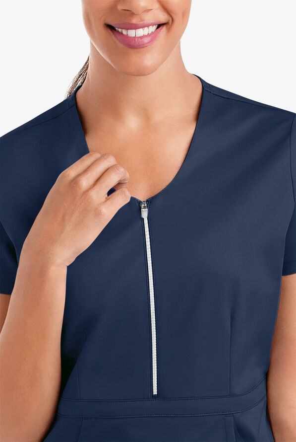 Butter-Soft STRETCH Women's 3-Pocket Zip Peplum Scrub Top - Navy - 5