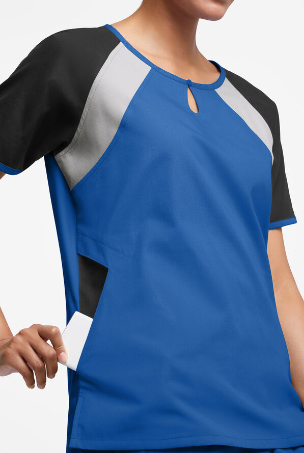 Blusa médica Butter-Soft Originals Tri-Colorblock con cuello ojo de cerradura y 3 bolsillos para mujer - Royal/Black/Silver - 2