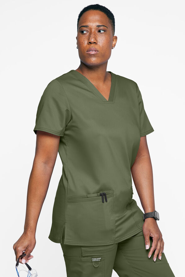 Cherokee Workwear Revolution Women's 3-Pocket STRETCH V-Neck Scrub Top - Olive - 2
