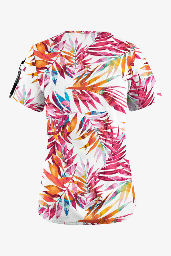 Easy Stretch White Watercolor Women's 1-Pocket Tuck-In Scallop Neck Print Scrub Top - null - 2