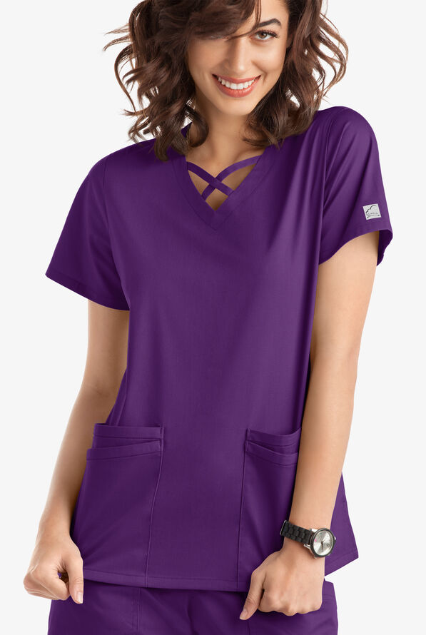 Blusa médica UA Butter-Soft STRETCH con lazos entrecruzados y 4 bolsillos para mujer - Eggplant - 2