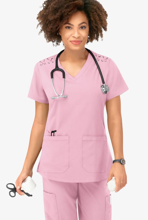 Easy STRETCH Leila Women's 3-Pocket Lace Up Grommet Scrub Top - Pink Peony - 5