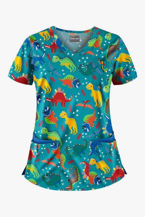 ButterSoft Colorful Dinos Teal Women's 5Pocket VNeck Print Scrub Top