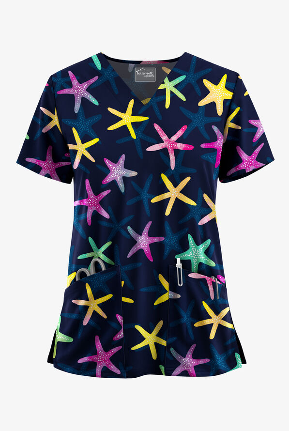 Blusa m&eacute;dica estampada Butter-Soft STRETCH Seastar Symphony Navy con cuello en V y 2 bolsillos para mujer - null - 1