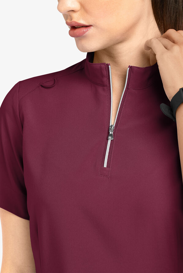 Easy STRETCH Jen Women's 4-Pocket Zip-Neck Short Sleeve Scrub Top - Wine - 3