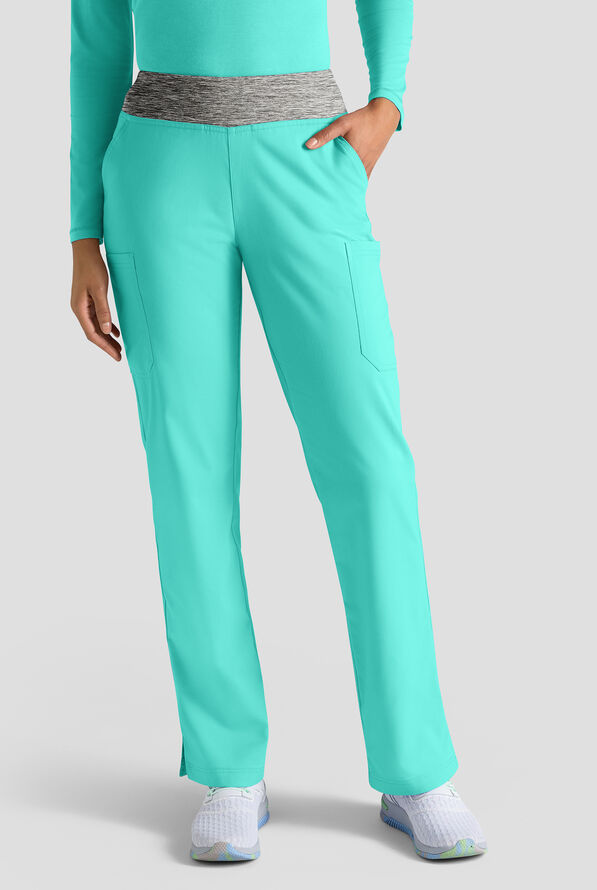 Butter-Soft STRETCH Women's 4-Pocket Knit Waistband Yoga Scrub Pants - Aqua Dust / Silver Melange - 1