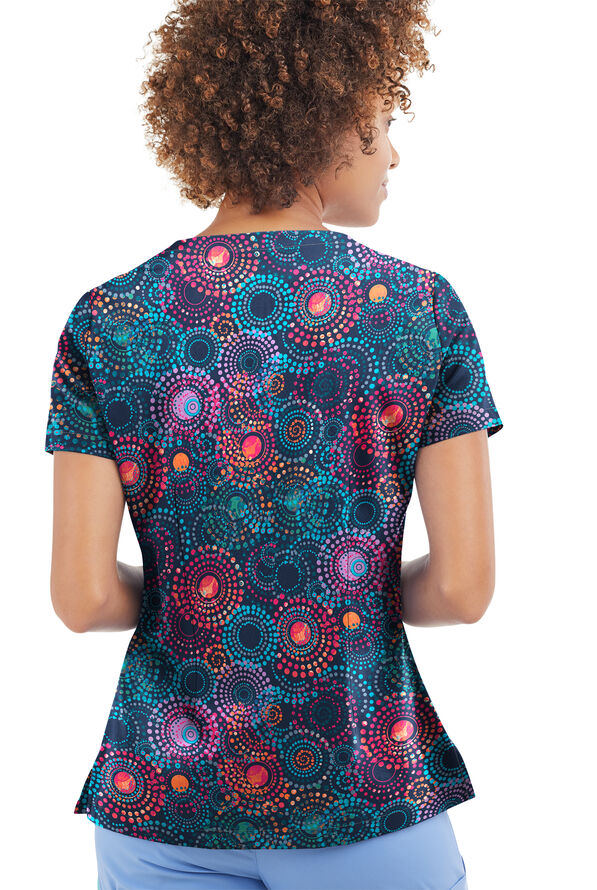 Tafford Active Stretch Pop Circles Navy Women's 2-Pocket Keyhole V Neck Print Scrub Top - null - 2