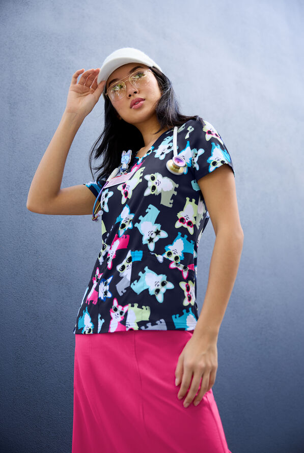 Butter-Soft STRETCH Party Animal Navy Women's 2-Pocket V-Neck Print Scrub Top - null - 3