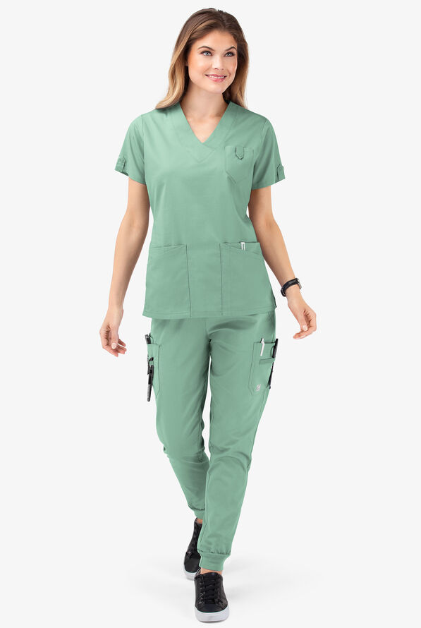 Butter-Soft STRETCH Women's 6-Pocket V-Neck Scrub Top - Water Mint - 2