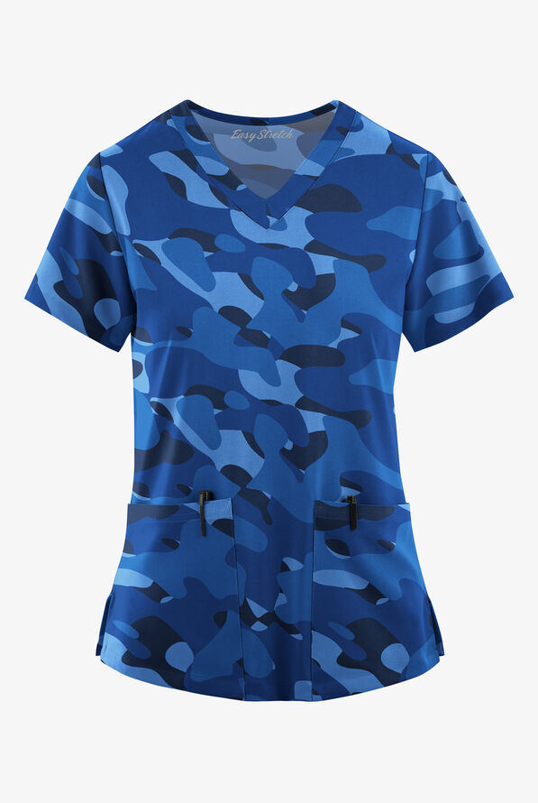 Easy STRETCH Cloud Camo Navy Women's 2-Pocket Mitered V-Neck Print Scrub Top - null - 1