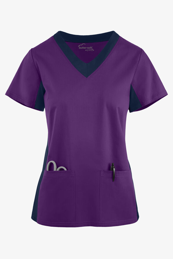 Butter-Soft STRETCH Women's 3-Pocket Contrast Scrub Top - Eggplant/Navy - 1