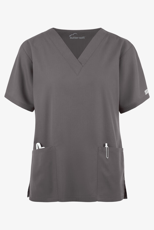 Butter-Soft Core Women's 2-Pocket V-Neck Scrub Top - Grey Stone - 1