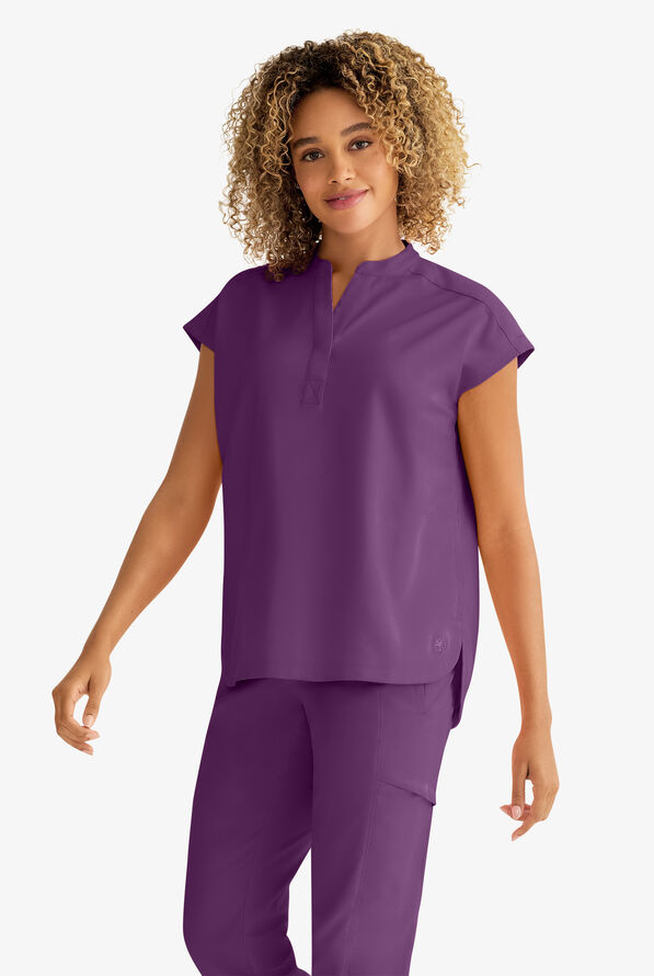 Healing Hands Purple Label Journey Women's 2-Pocket STRETCH Dolman Sleeve Mandarin Collar Scrub Top - Eggplant - 3