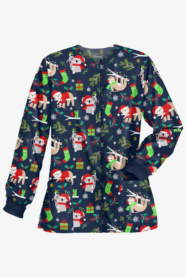 UA ButterSoft Sleepy Holiday Navy Women's 2Pocket Warm Up Print Scrub