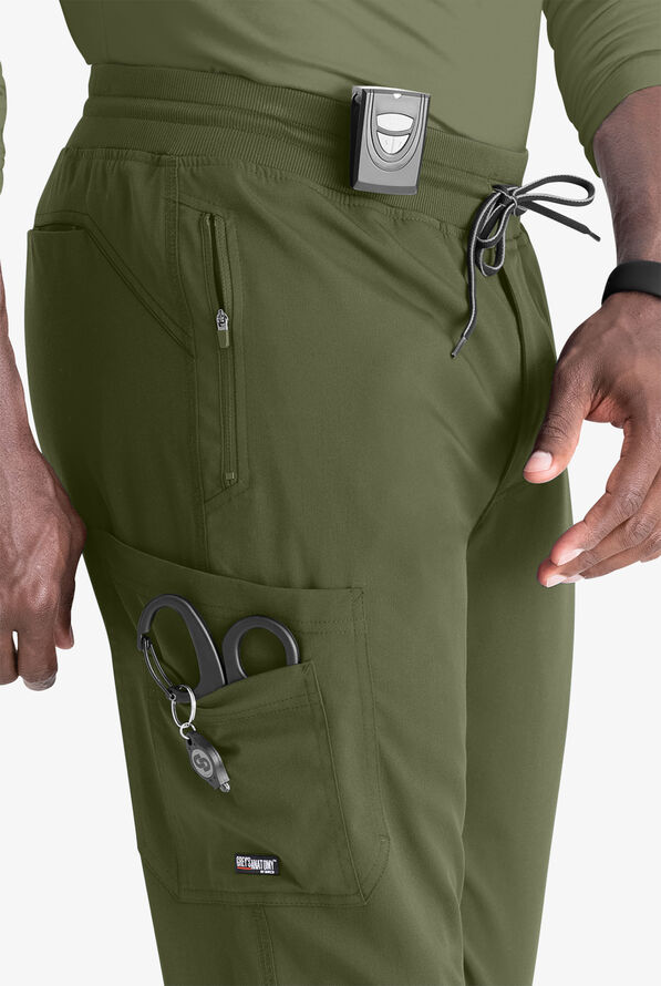 Grey's Anatomy by Barco Spandex STRETCH Murphy Men's 5-Pocket Cargo Jogger Scrub Pants - Olive - 5