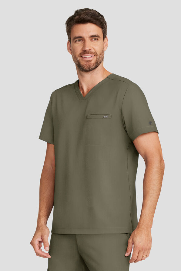 Healing Hands Quest Men's 1-Pocket STRETCH Tuck In V-Neck Scrub Top - Olive - 2