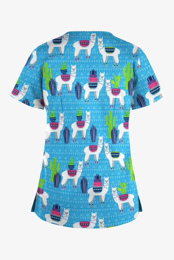 Butter-Soft STRETCH Llama Vacation Turquoise Women's 4-Pocket Crisscross Print Scrub Top - null - 2