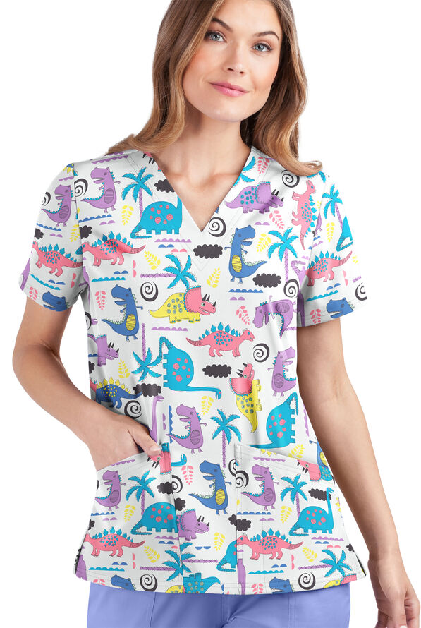 Blusa médica estampada Happy Scrubs Stompin' Dino Orchid con cuello en V y 2 bolsillos para mujer - null - 2