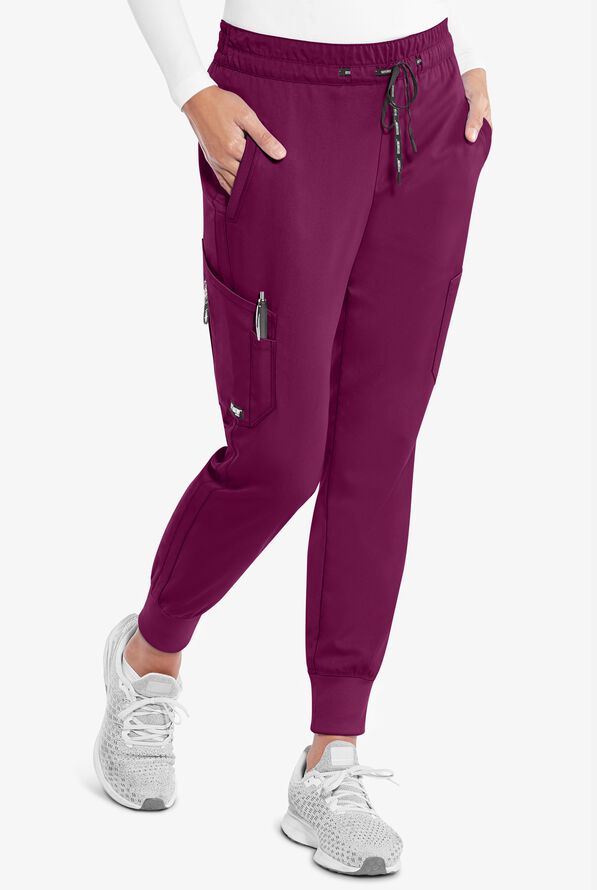 Grey's Anatomy by Barco Kira Women's 5-Pocket Double Cargo Knit Cuff Jogger Scrub Pants - Wine - 1