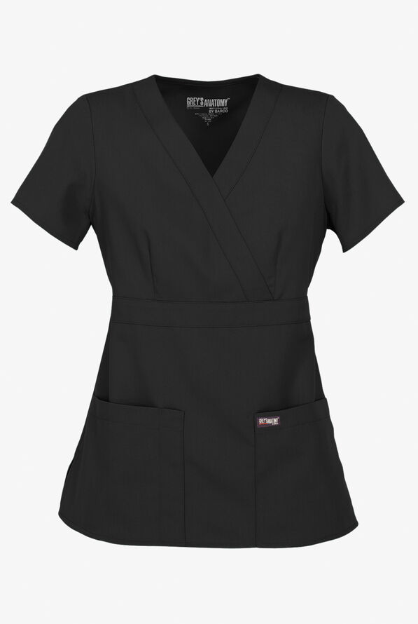 Blusa médica Grey's Anatomy estilo cruzado de corte moderno y 3 bolsillos para mujer - Black - 1