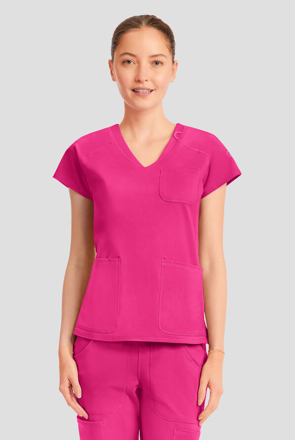 Blusa m&eacute;dica Med Couture Amp Knit STRETCH con cuello en V y 3 bolsillos para mujer - Pink Power - 2