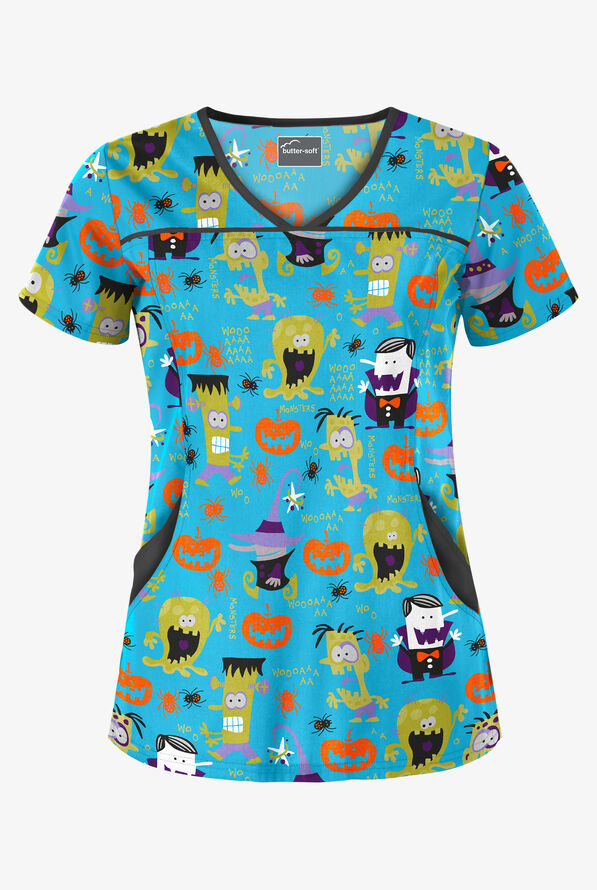 Butter-Soft Halloween Walk Turquoise Women's 4-Pocket Princess Seam Printed Scrub Top - null - 1