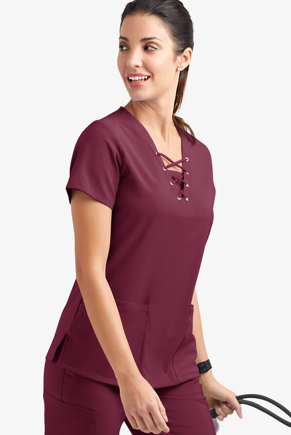 Easy STRETCH Gisele Women's 4-Pocket Lace Up V-Neck Scrub Top - Wine - 3