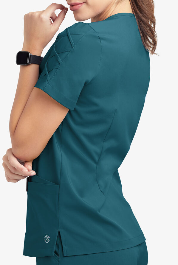 Easy STRETCH Kylie Woman's 5 Pocket V-Neck With Criss-Cross Detail Scrub Top - Caribbean Blue - 7